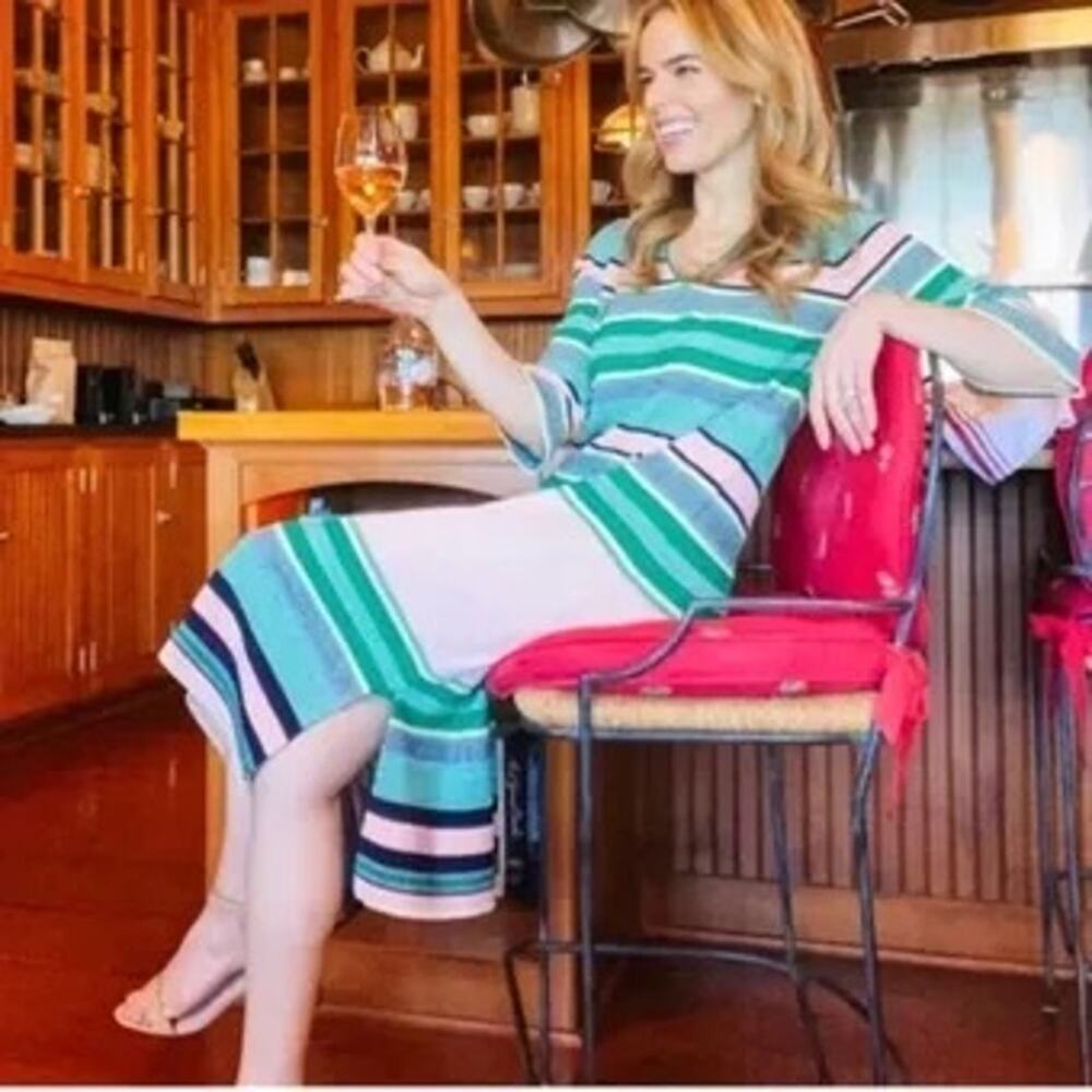 Tuckernuck Womens Dress Maxi 3/4 Sleeves Knit Side Slits Striped Green Cream XS